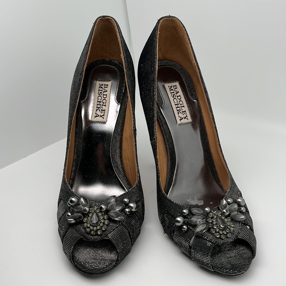 Badgley Mischa Monique Metallic Black Jeweled Peep Toe Heels Shoes Size 7.5 - Picture 3 of 14